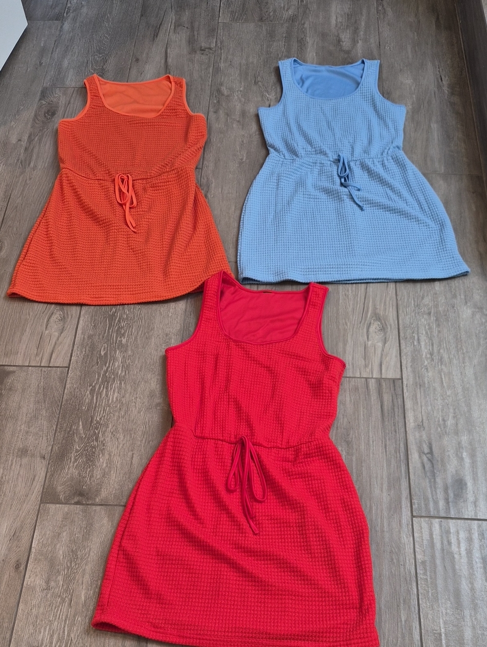 Women’s Waffle Tank Dress Set Of 3—Orange Blue Red